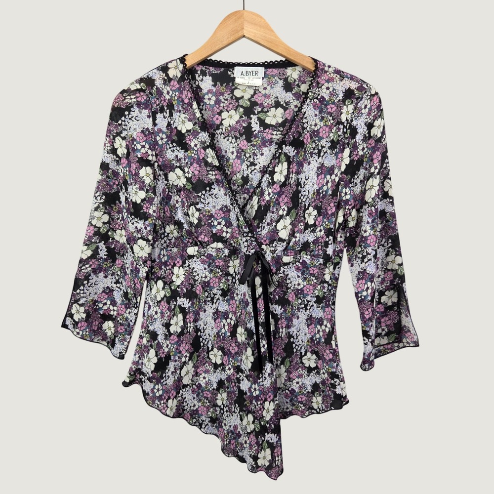 A. Byer Vintage Y2K Floral Wrap Top Juniors L Purple Asymmetric Fairy Coquette